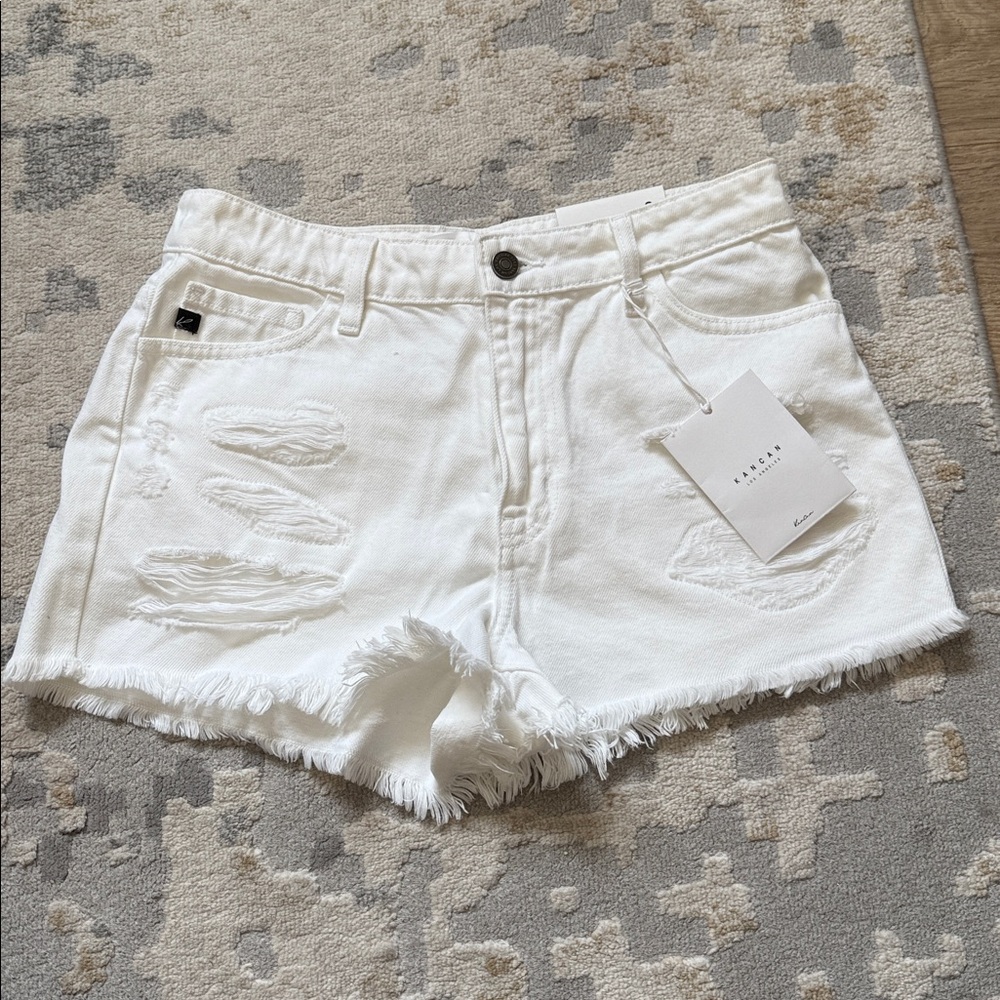 KANCAN White Distressed Denim Shorts